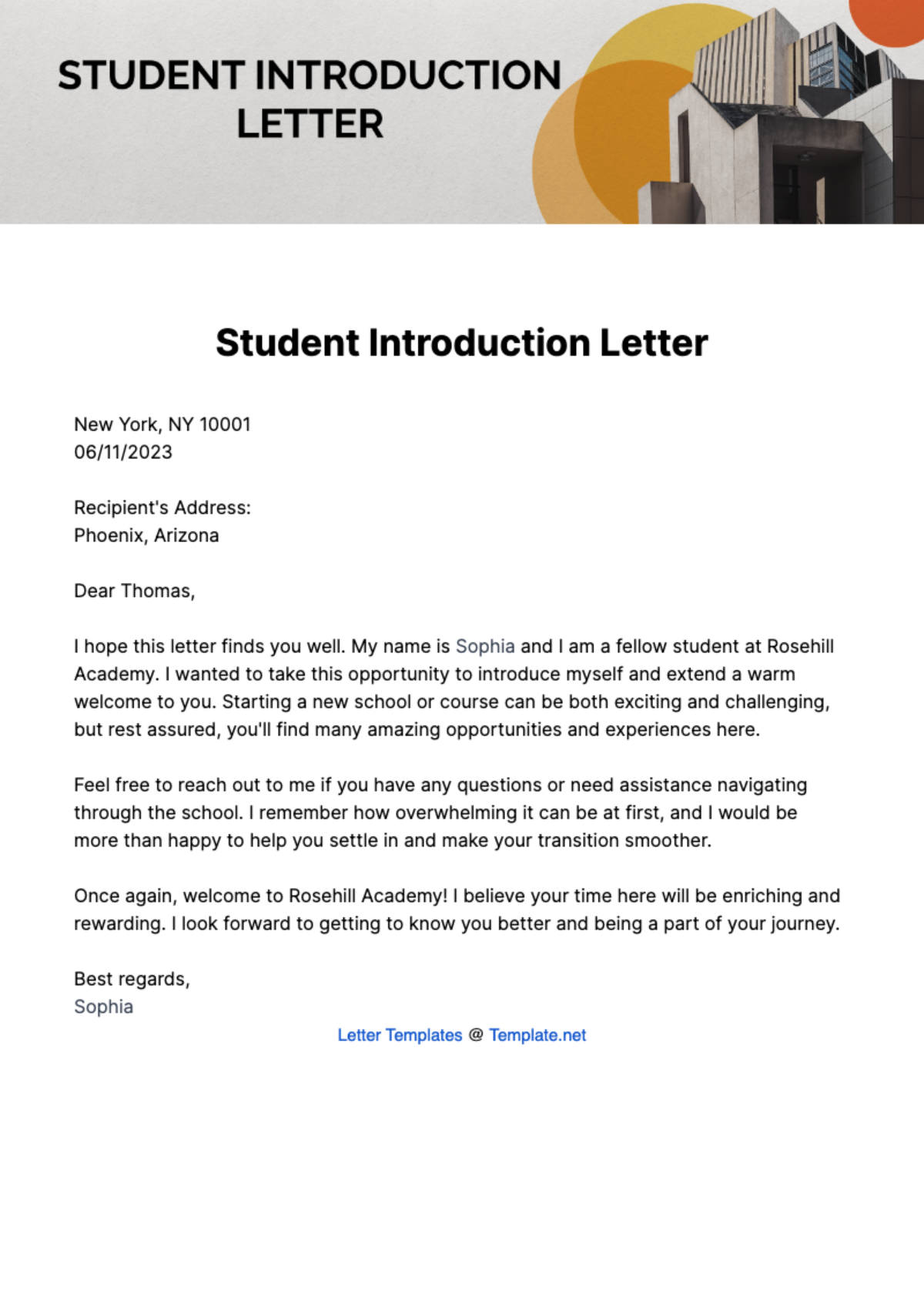 Student Introduction Letter Template