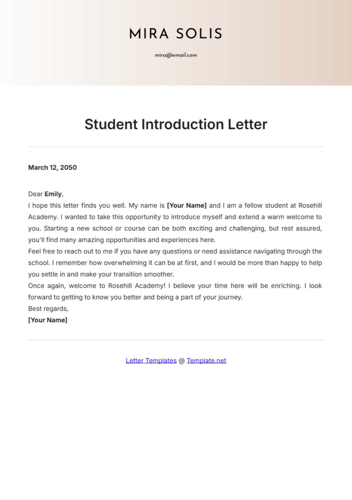 Student Introduction Letter Template