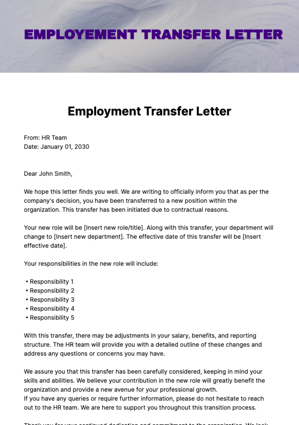 Free Employment Transfer Letter Template