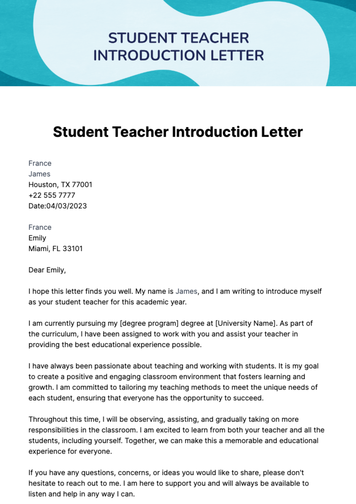 Free Student Teacher Introduction Letter Template