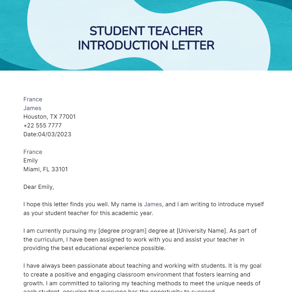 Free Student Teacher Introduction Letter