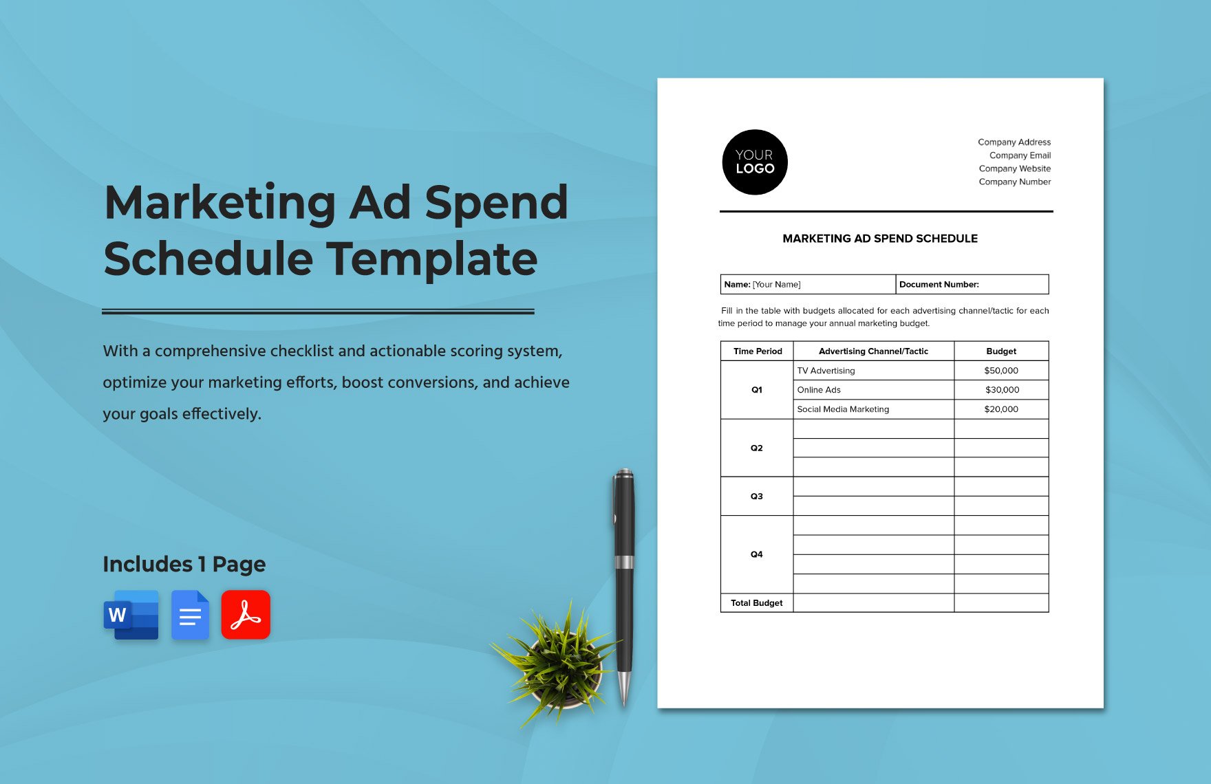 Marketing Ad Spend Schedule Template in Word, Google Docs, PDF