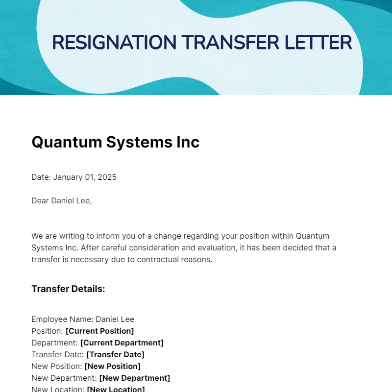 Free Resignation Transfer Letter