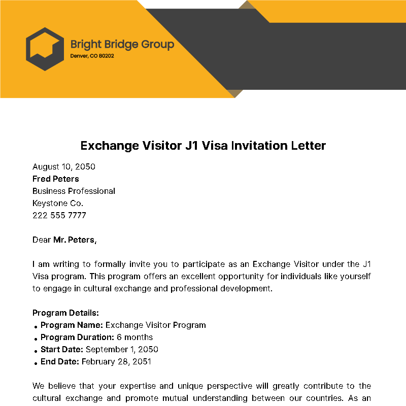 Exchange Visitor J1 Visa Invitation Letter Template