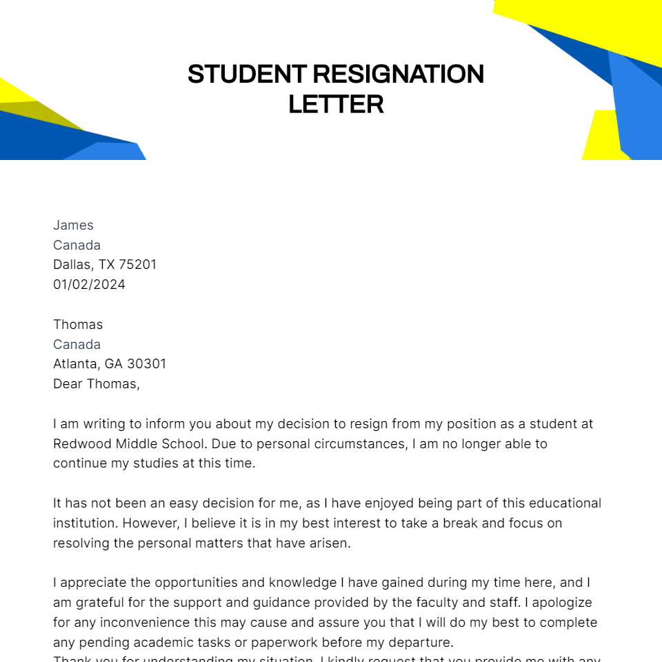 Free student resignation letter