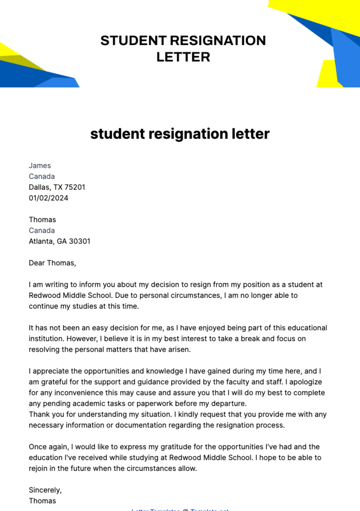 Free student resignation letter Template