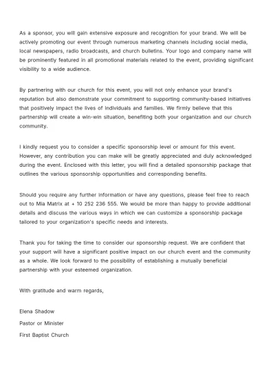 Free Sponsorship Letter For Church Event Template to Edit Online