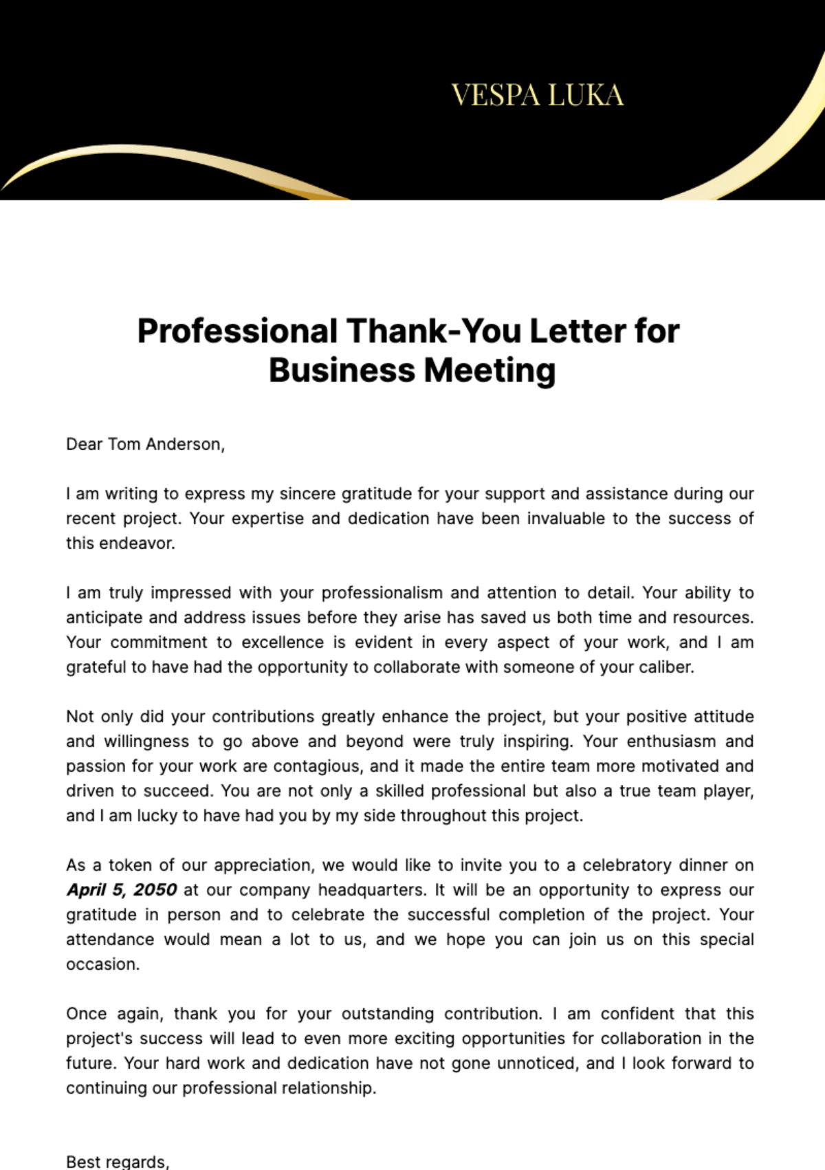 Professional Thank-You Letter for Business Meeting  Template - Edit Online & Download