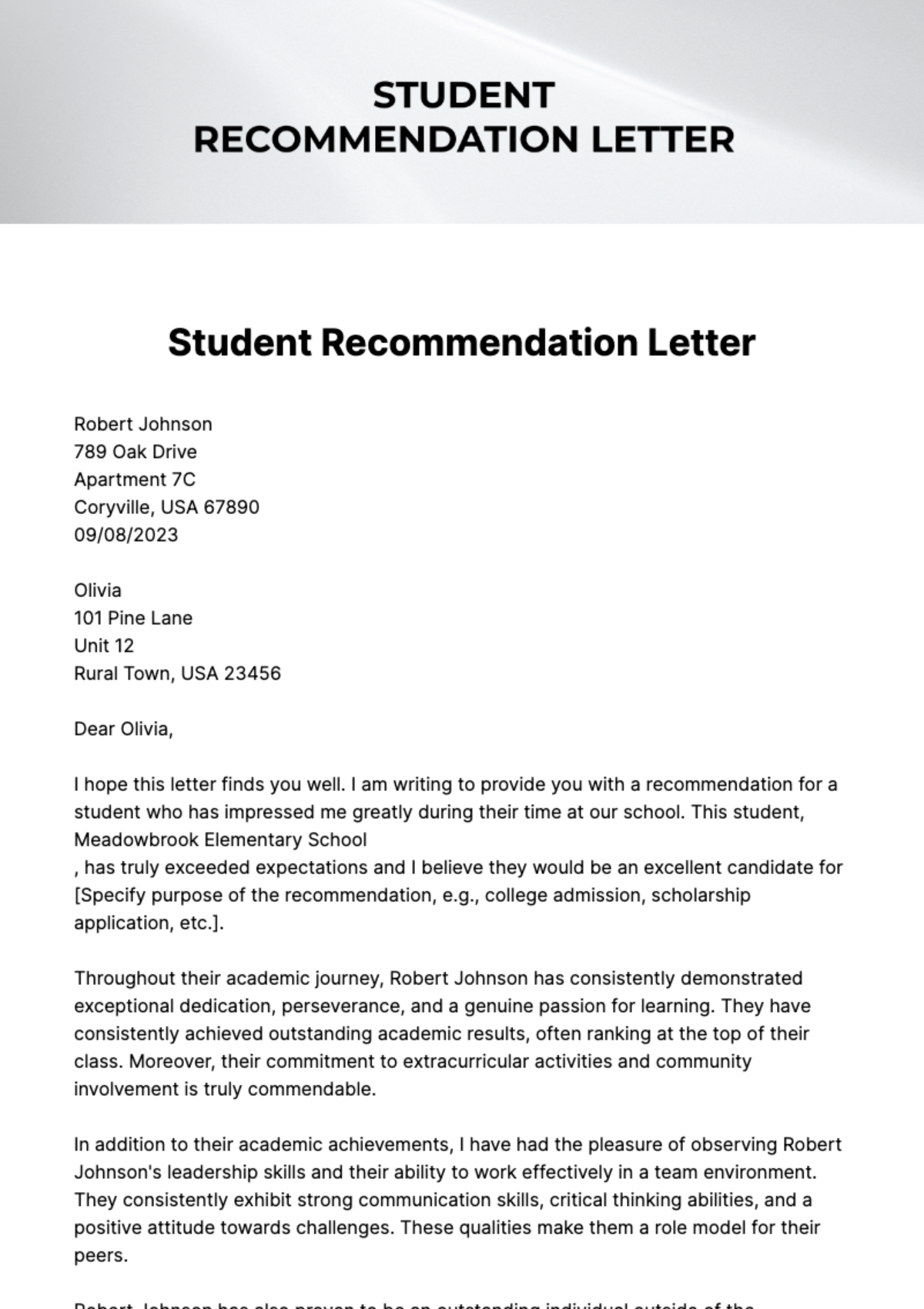 Free Student Recommendation Letter Template