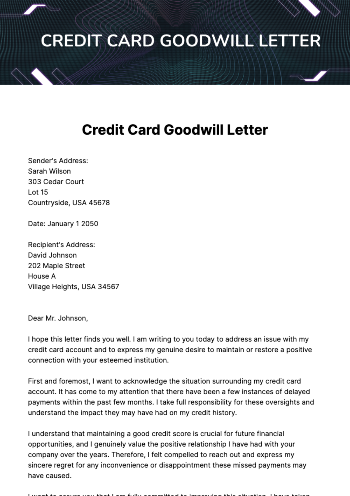 Credit Card Goodwill Letter Template
