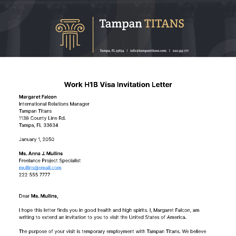 Work H1B Visa Invitation Letter Template