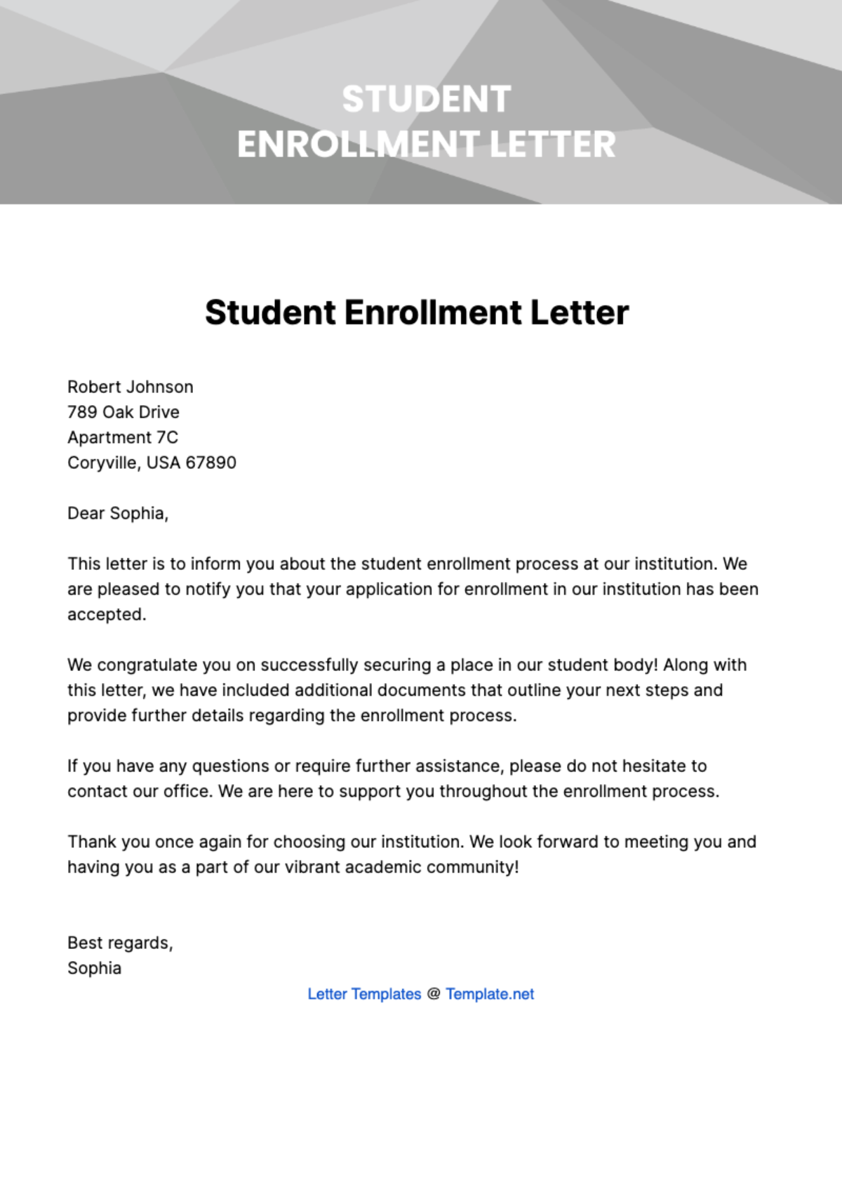 Free Student Enrollment Letter Template