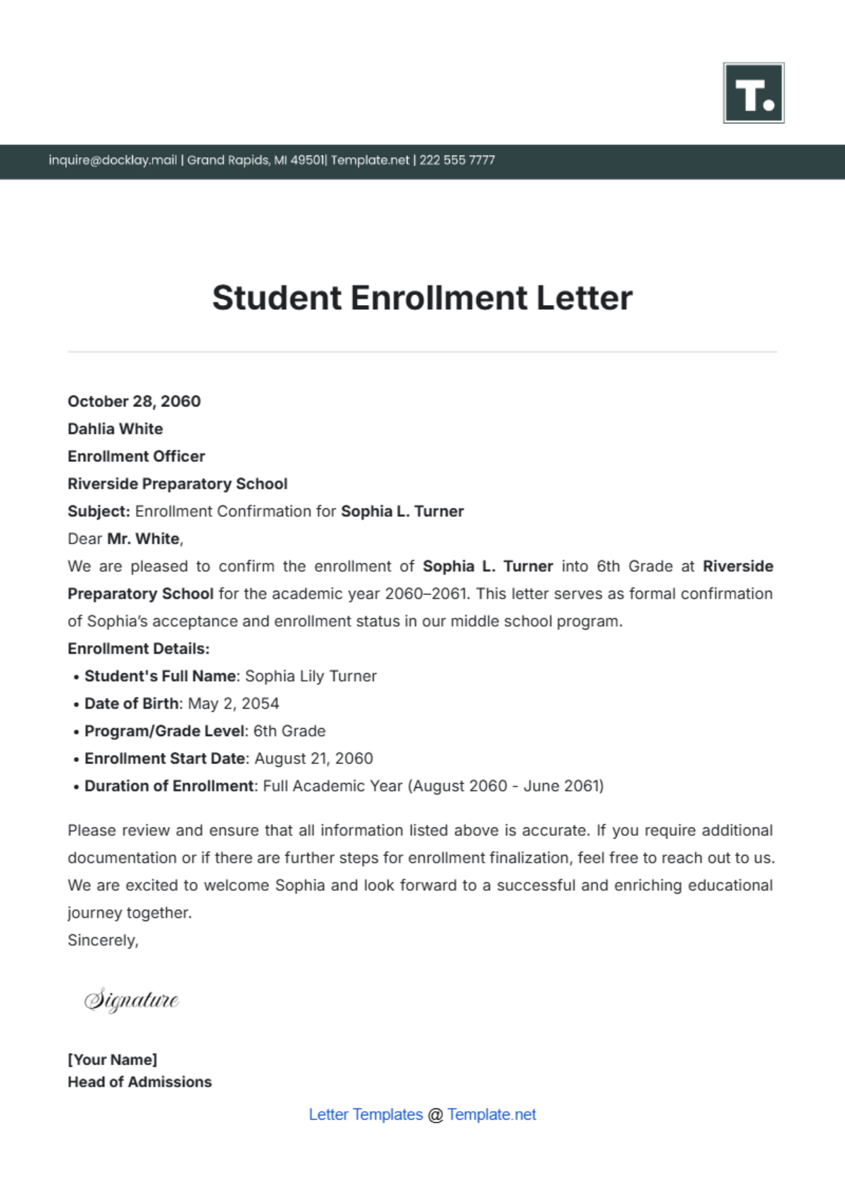 Student Enrollment Letter Template - Edit Online & Download