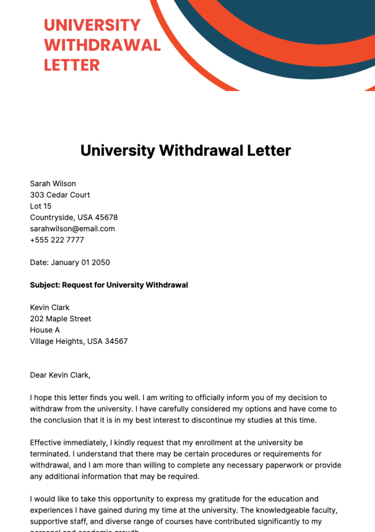 University Withdrawal Letter Template