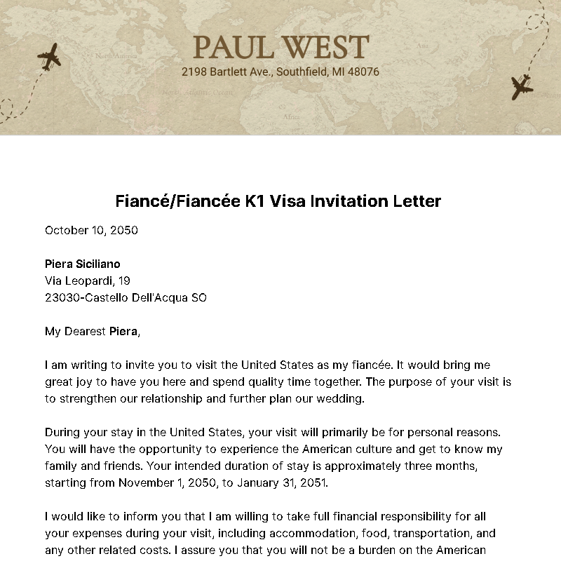 Fiancé/Fiancée K1 Visa Invitation Letter Template