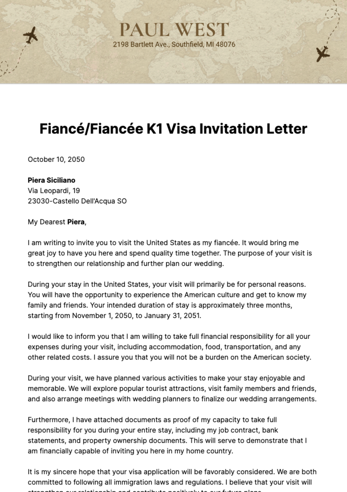 Fiancé/Fiancée K1 Visa Invitation Letter Template