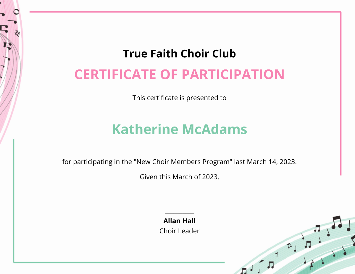 Editable Choir Certificate of Participation