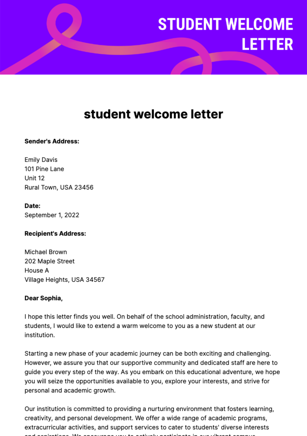 student welcome letter Template