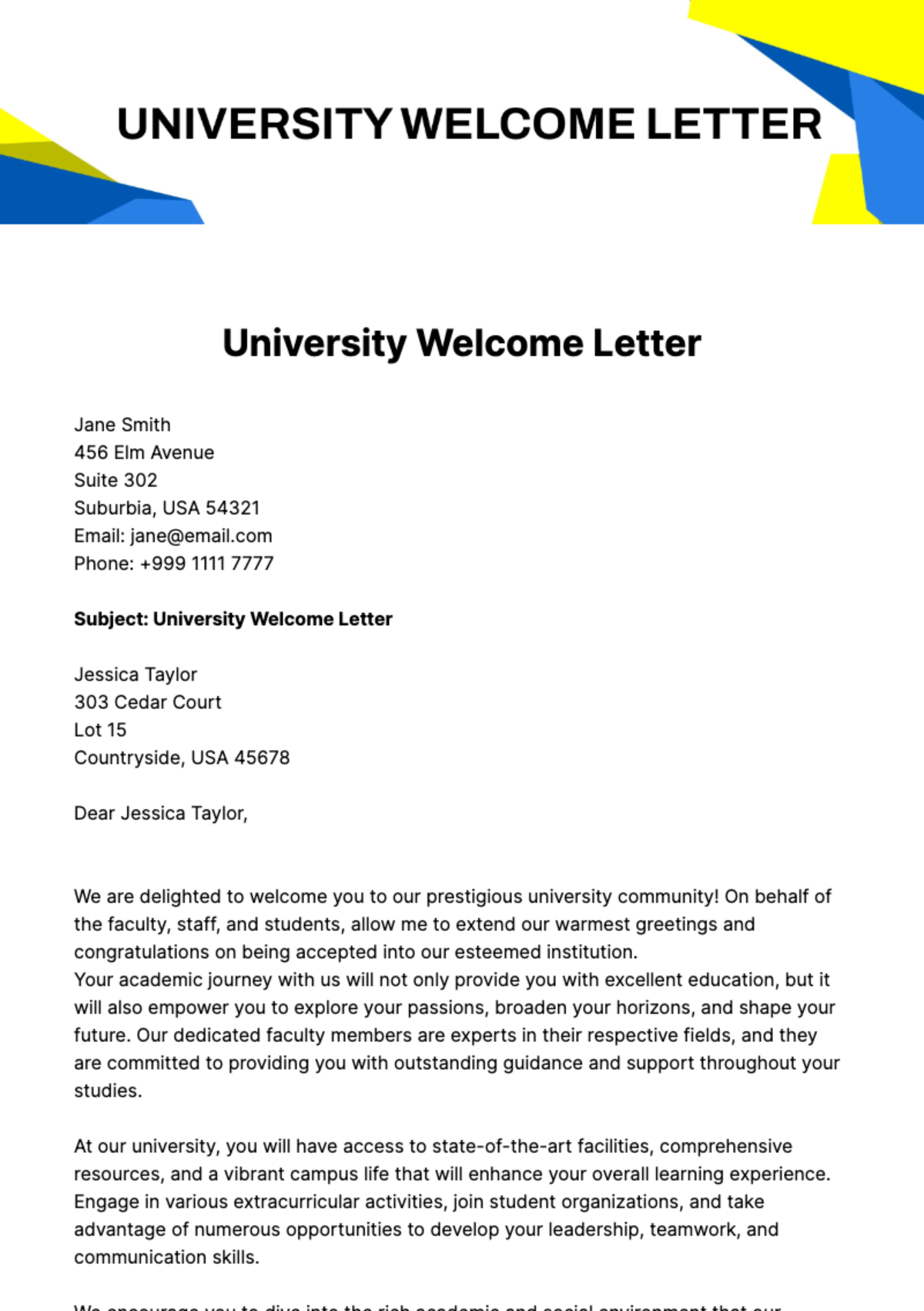 University Welcome Letter Template