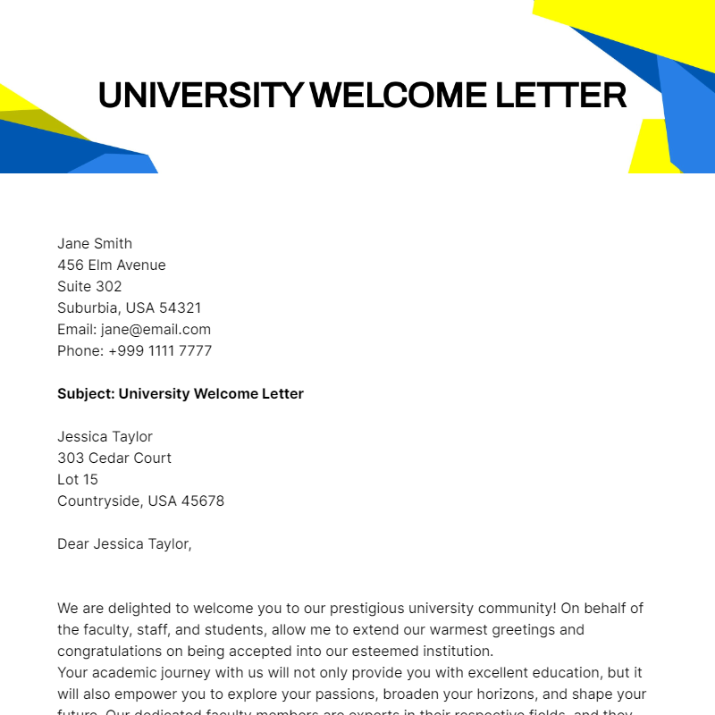 Free University Welcome Letter