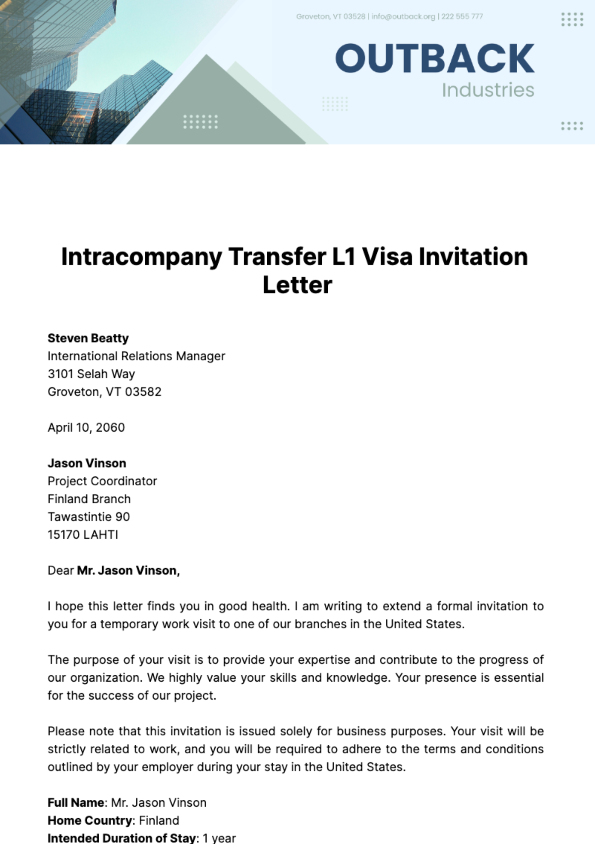 Intracompany Transfer L1 Visa Invitation Letter Template