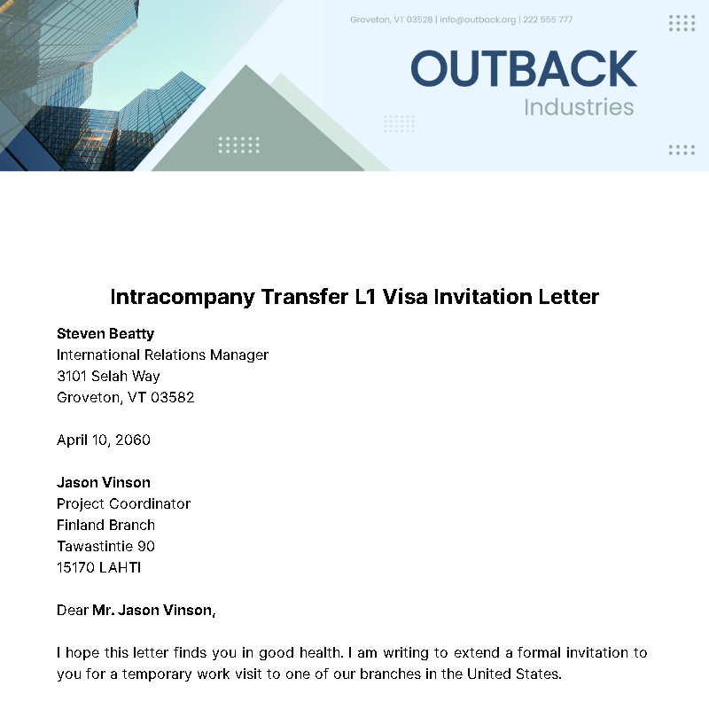 Intracompany Transfer L1 Visa Invitation Letter Template