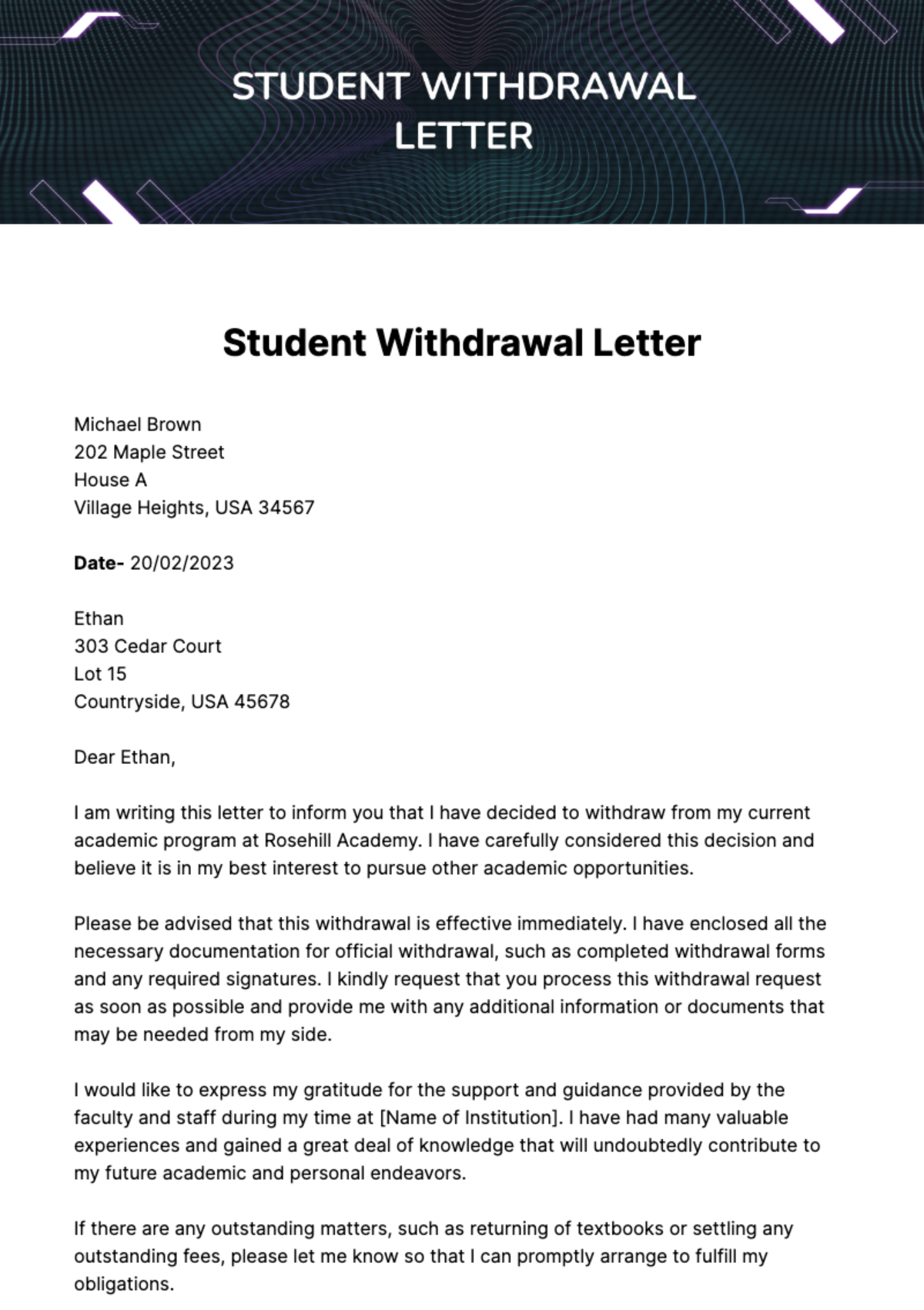 Free Student Withdrawal Letter Template