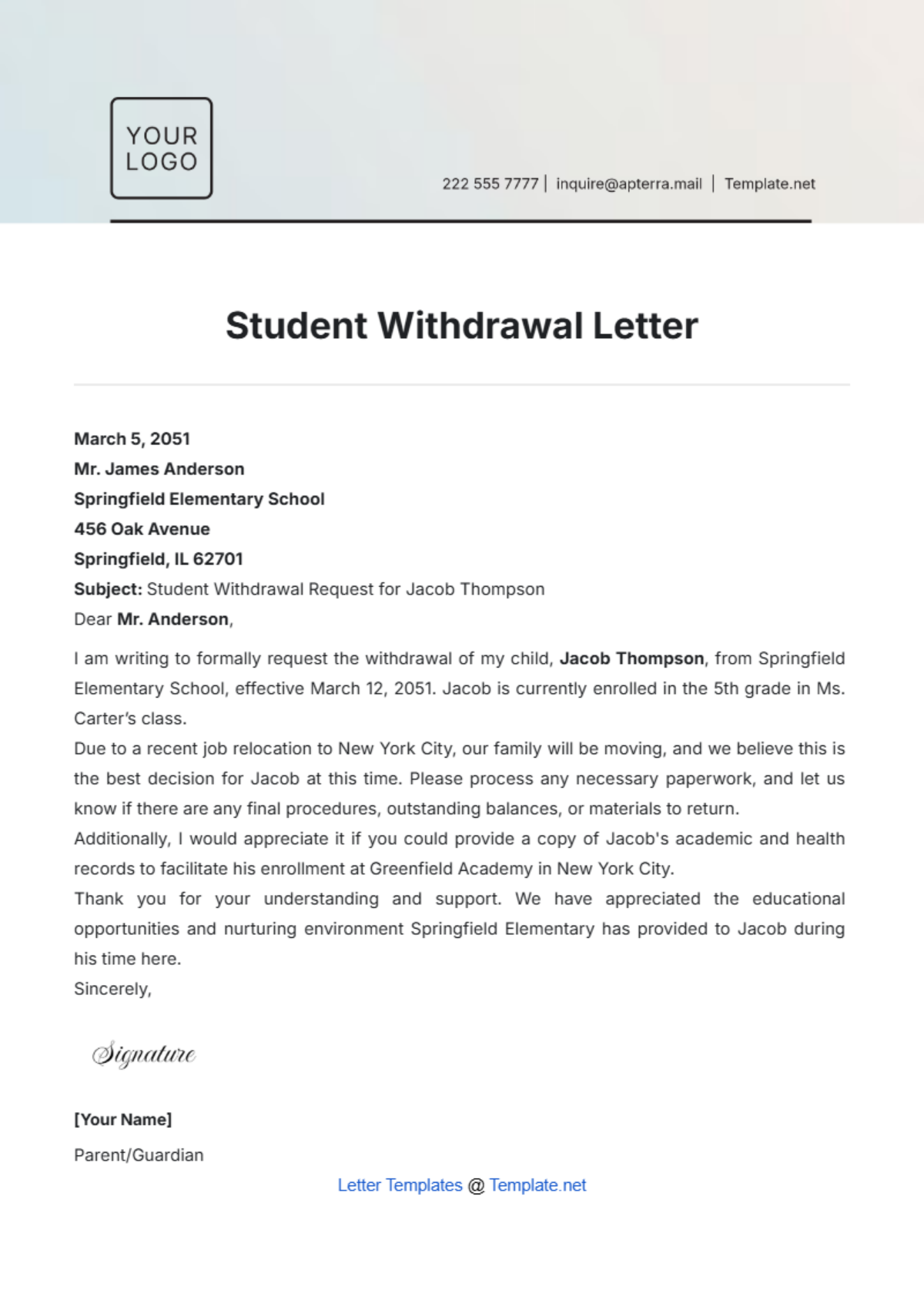 Student Withdrawal Letter Template - Edit Online & Download