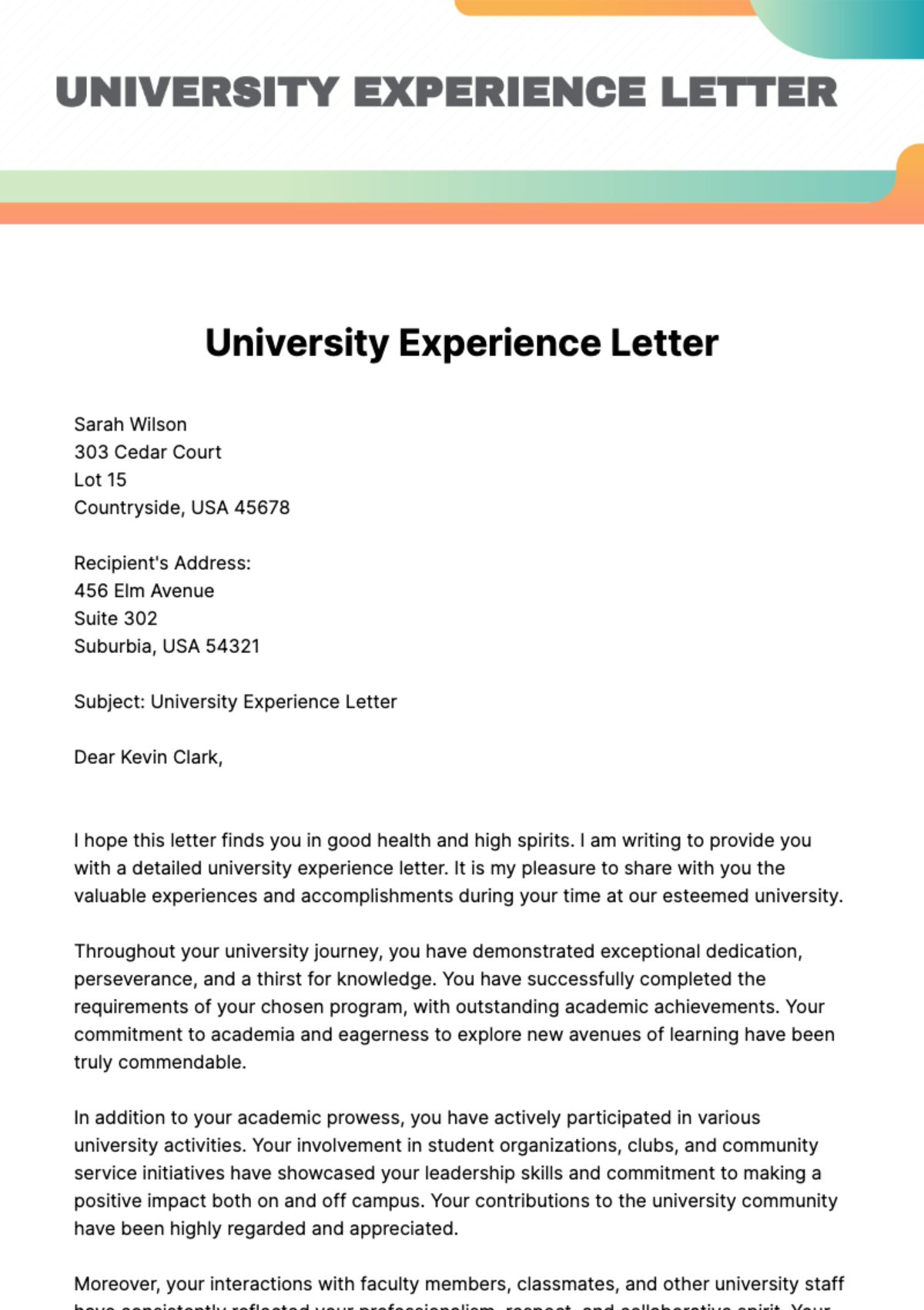 Free University Experience Letter Template
