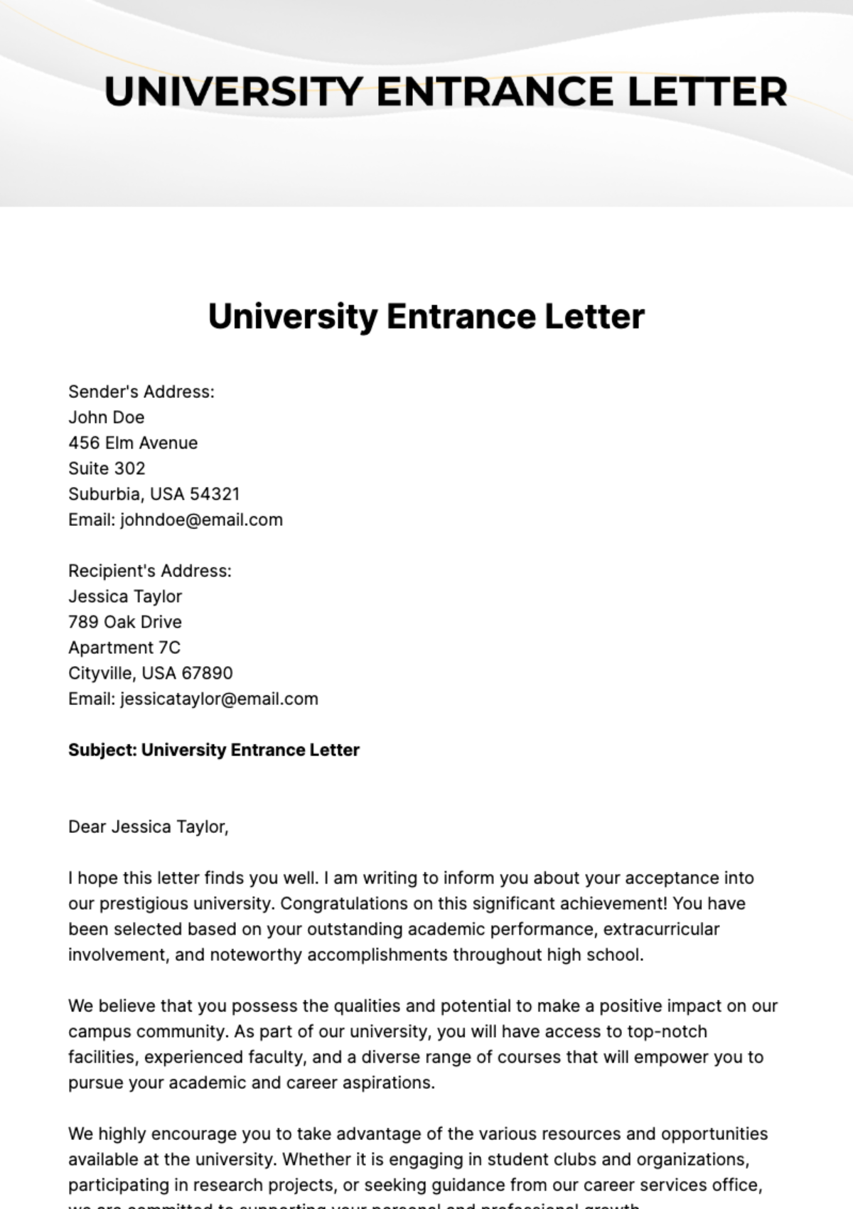 Free University Entrance Letter Template