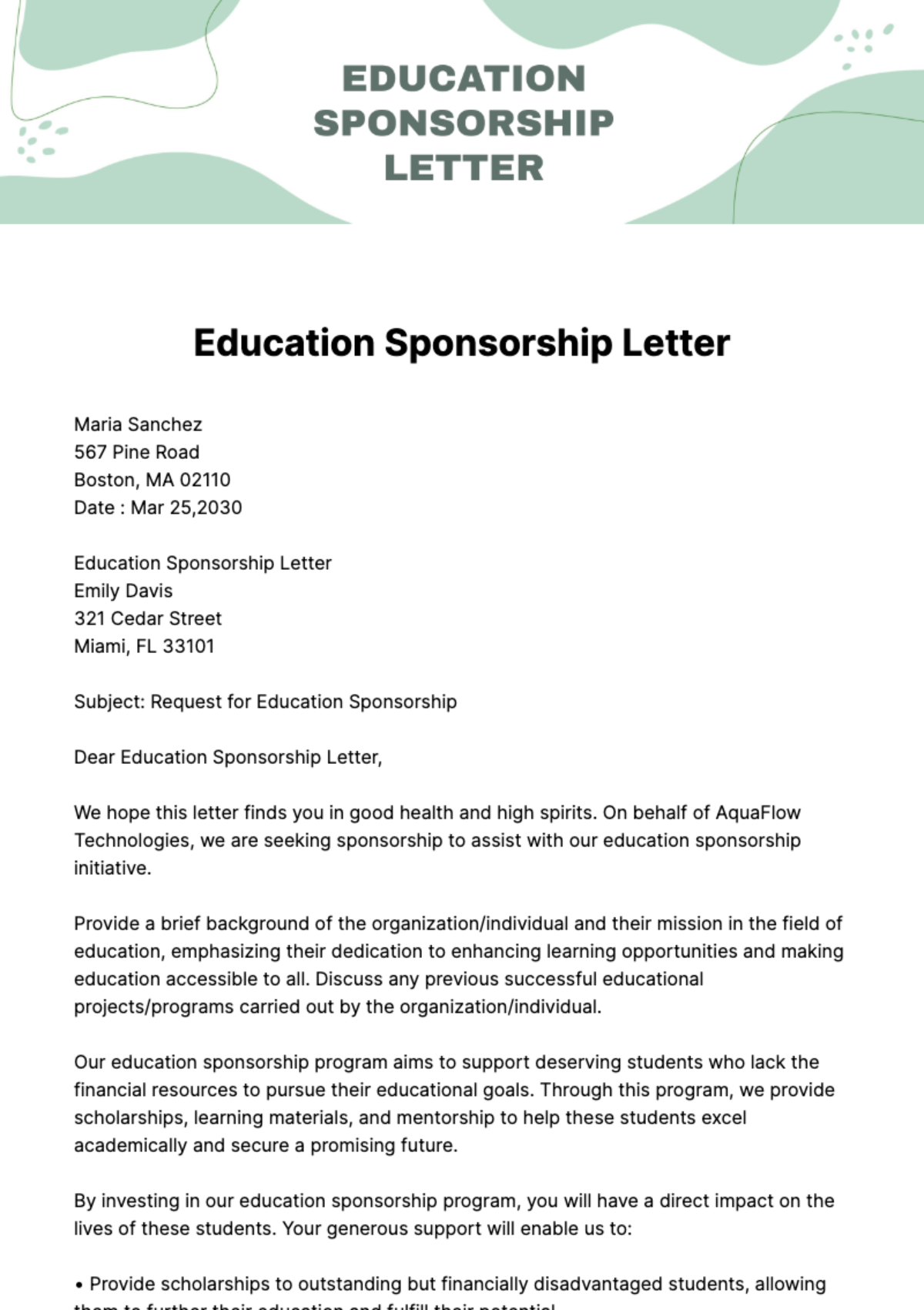 Free Education Sponsorship Letter Template