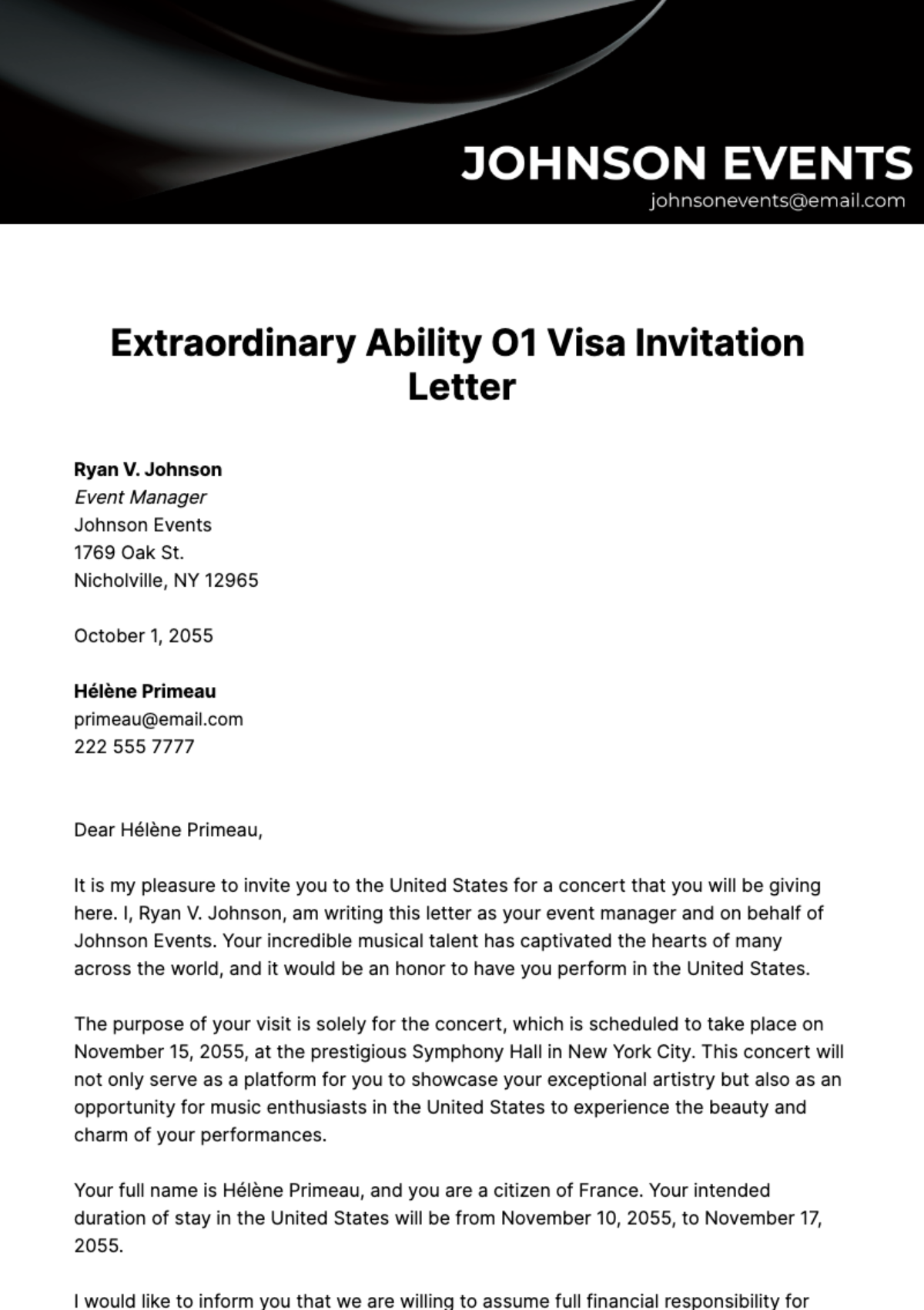 Extraordinary Ability O1 Visa Invitation Letter Template