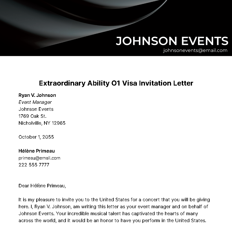 Extraordinary Ability O1 Visa Invitation Letter Template