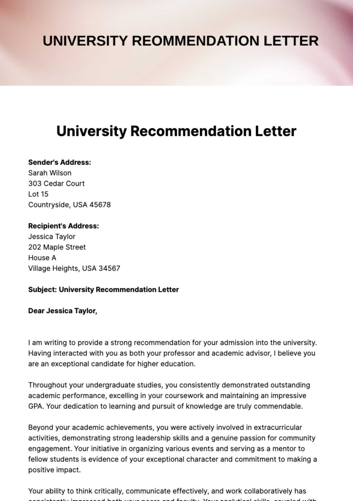 Free University Recommendation Letter Template