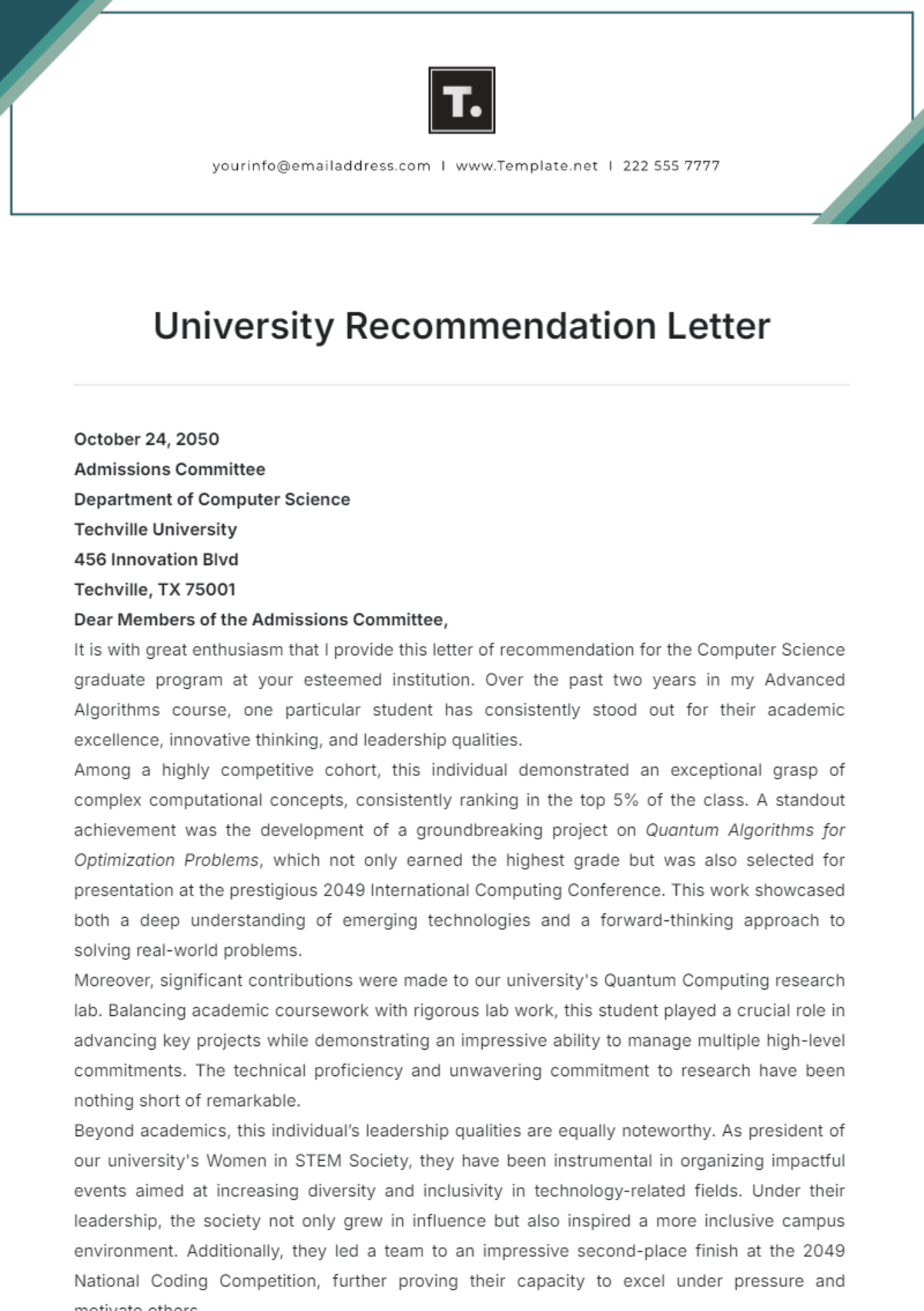 University Recommendation Letter Template - Edit Online & Download