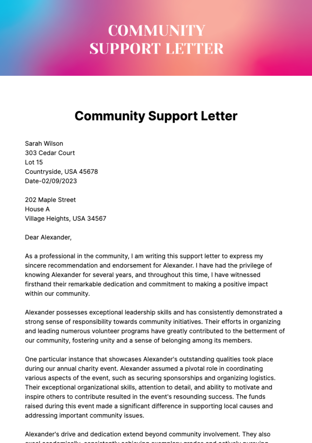 Community Support Letter Template