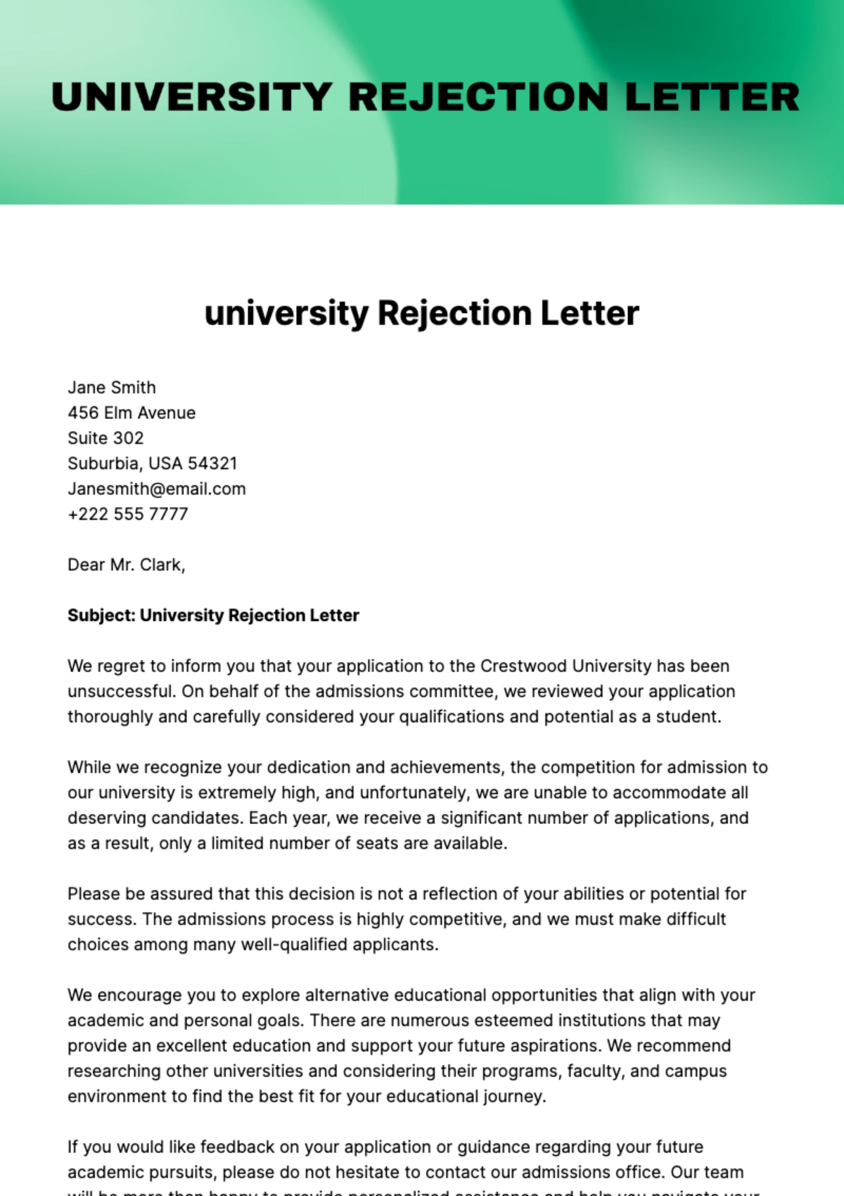 Free university Rejection Letter Template