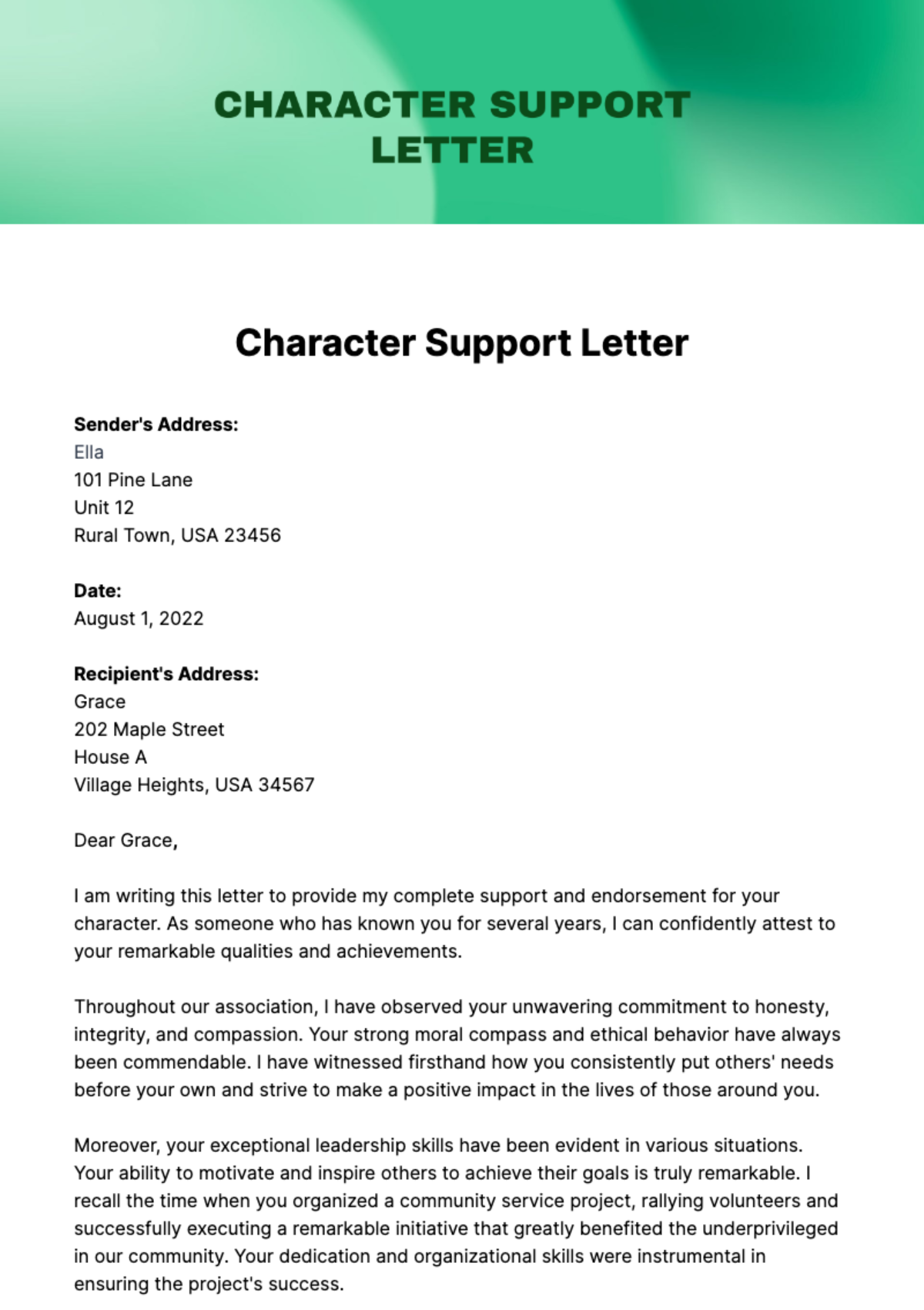 Character Support Letter Template