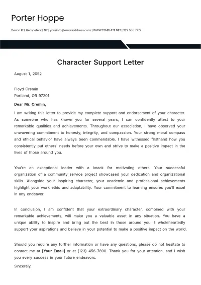 Free Character Support Letter Template to Edit Online