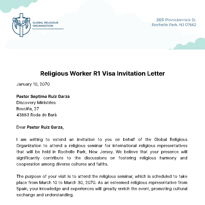Religious Worker R1 Visa Invitation Letter Template