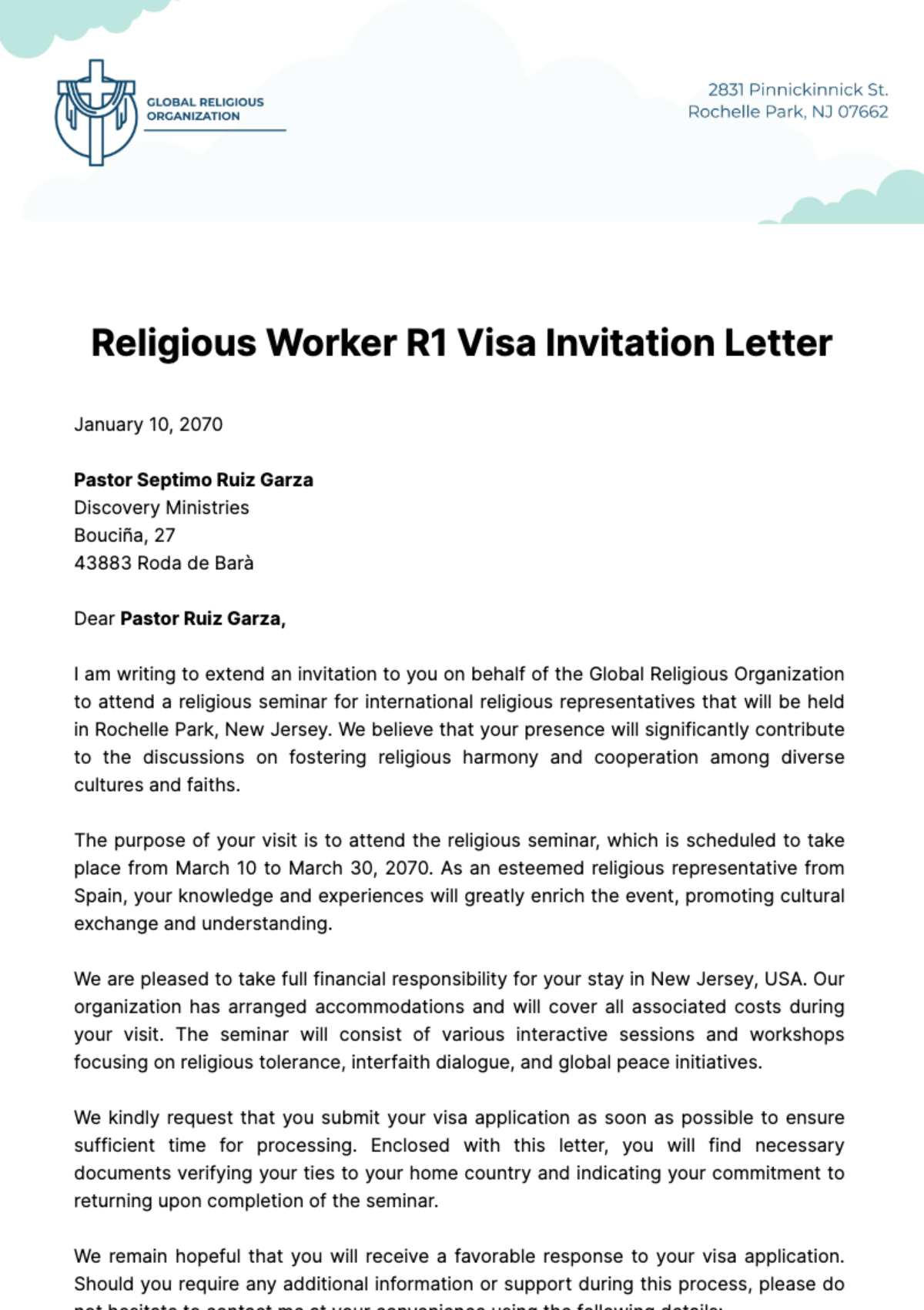 Religious Worker R1 Visa Invitation Letter Template
