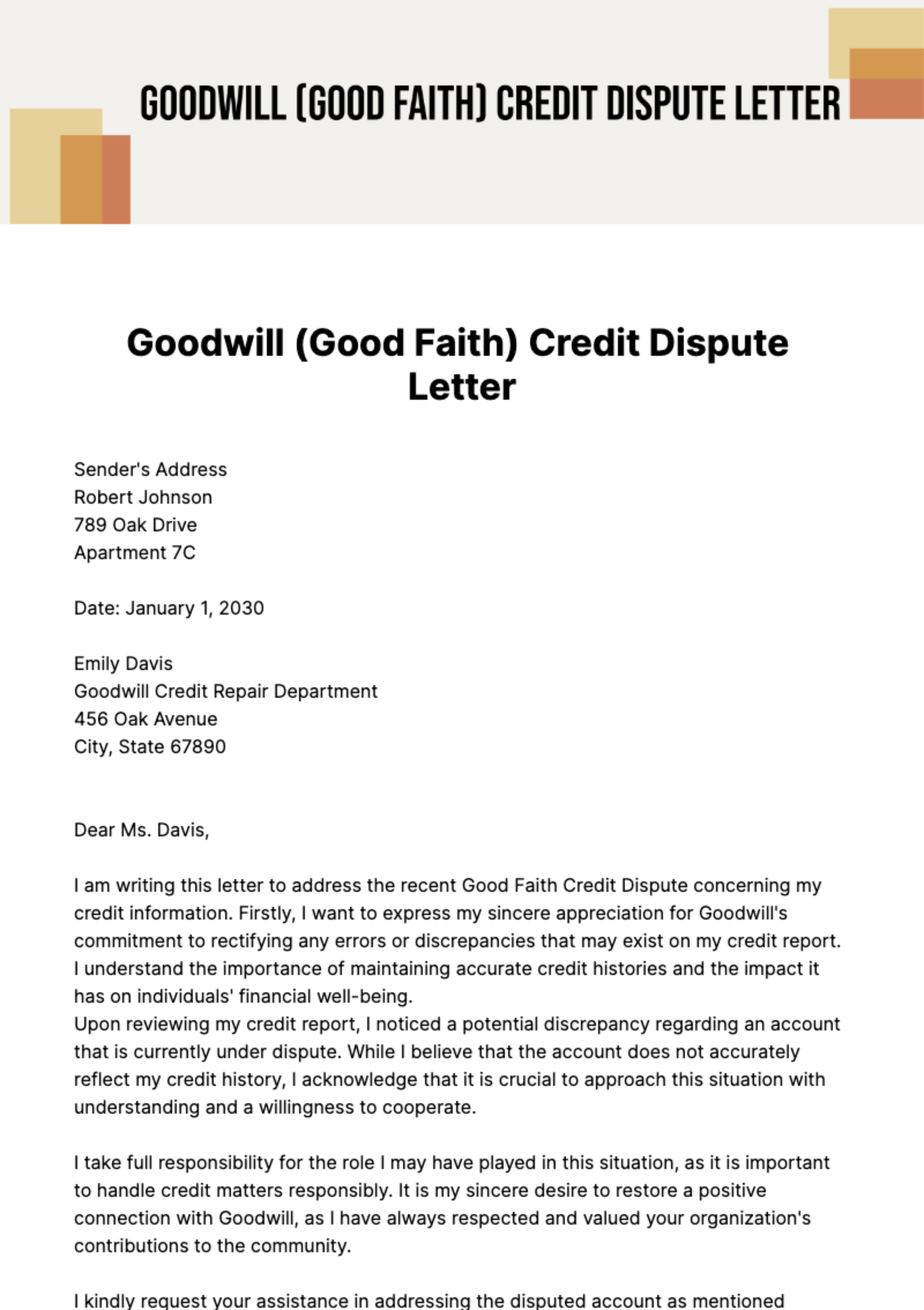 Goodwill (Good Faith) Credit Dispute Letter Template