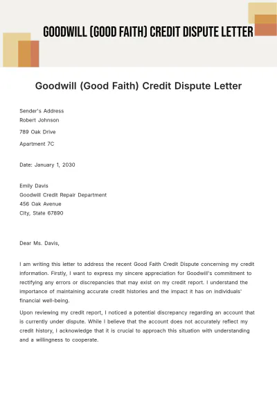 Free Goodwill (Good Faith) Credit Dispute Letter Template to Edit Online
