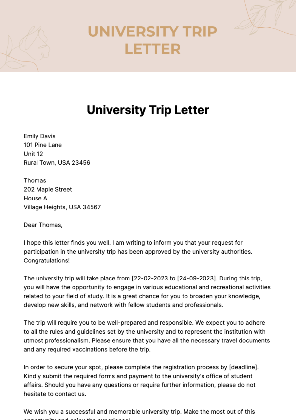 Free University Trip Letter Template