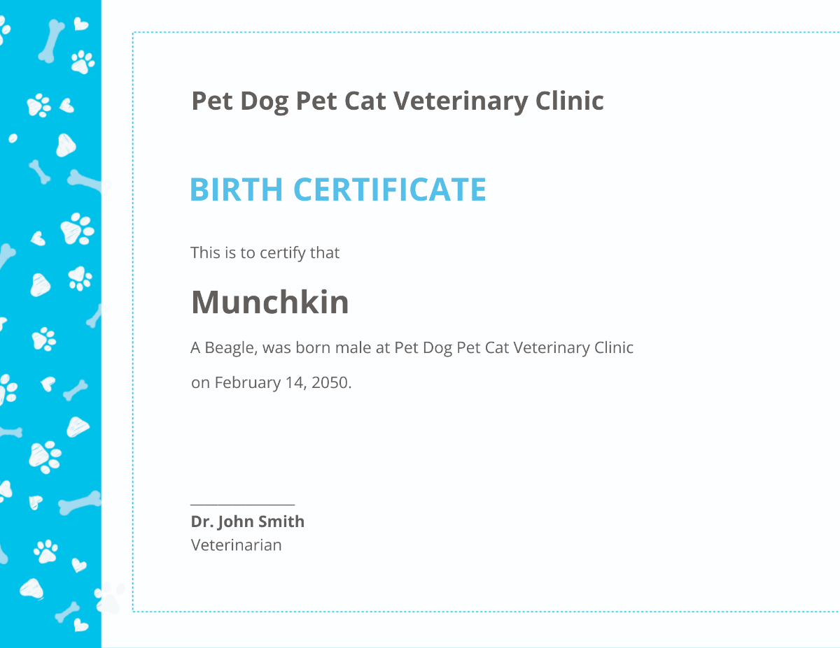 Sample Pet Birth Certificate Template - Edit Online & Download