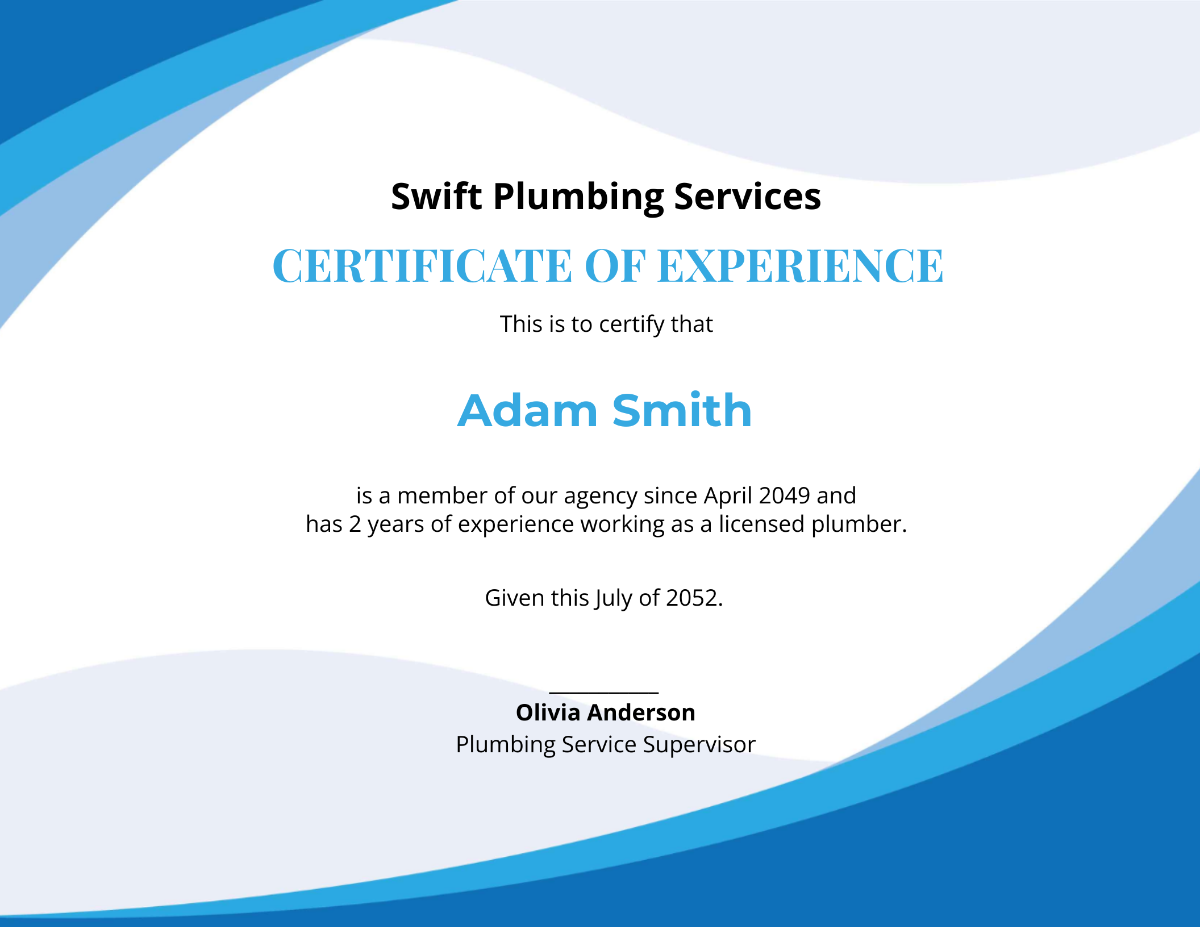 Plumbing Experience Certificate