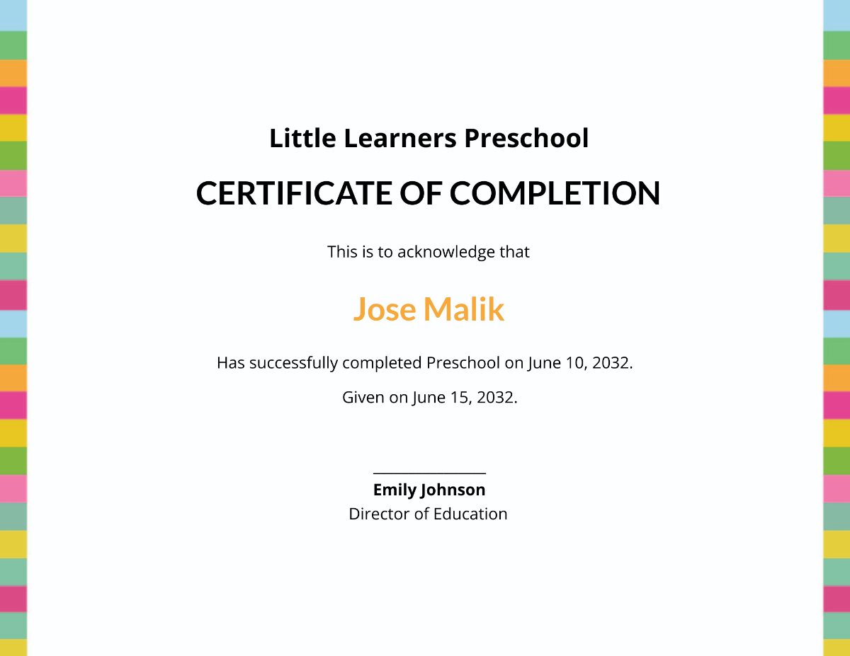 Preschool Completion Certificate