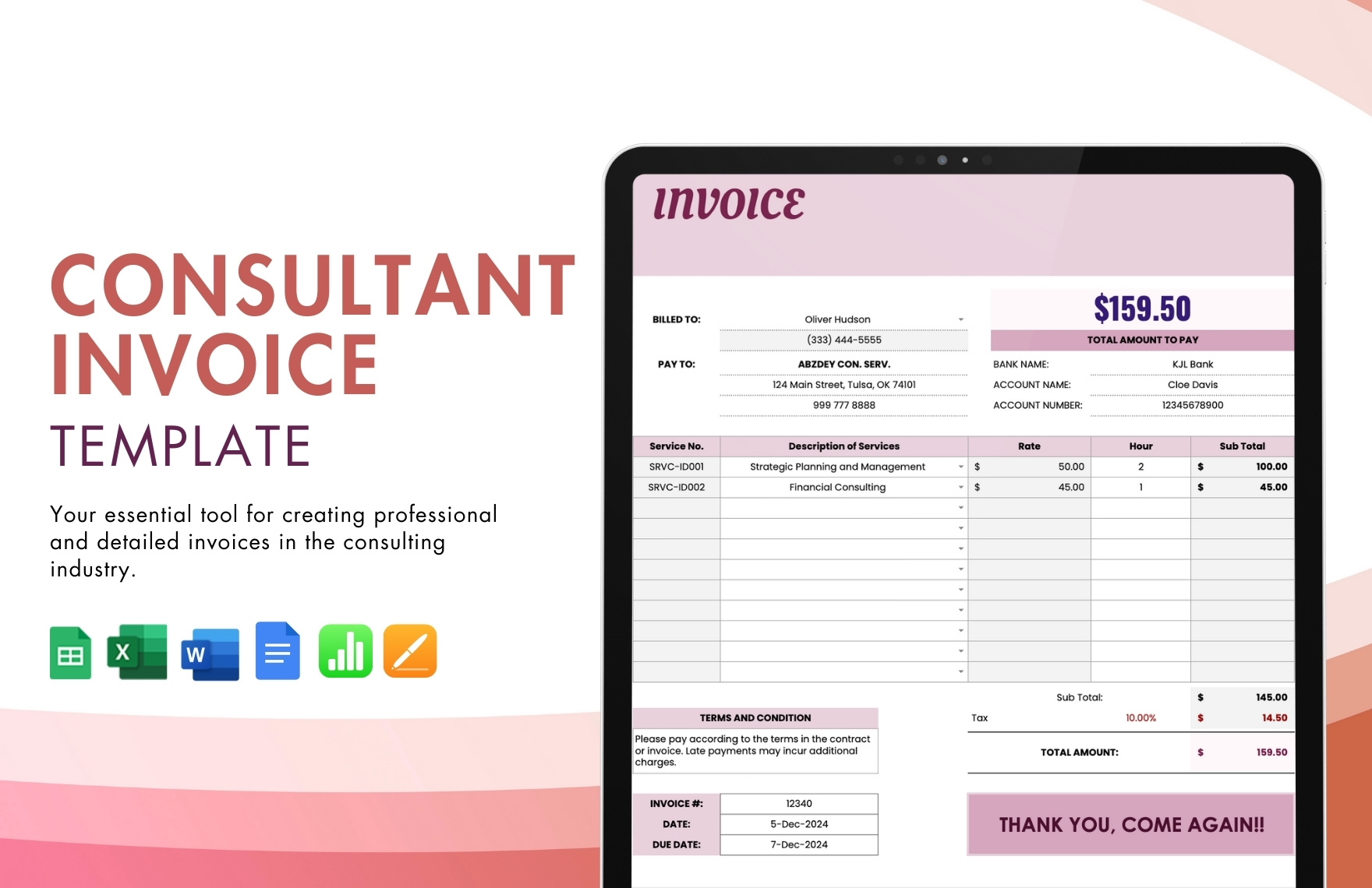 Consultant Invoice Template in Word, Google Docs, Excel, Google Sheets, Apple Pages, Apple Numbers