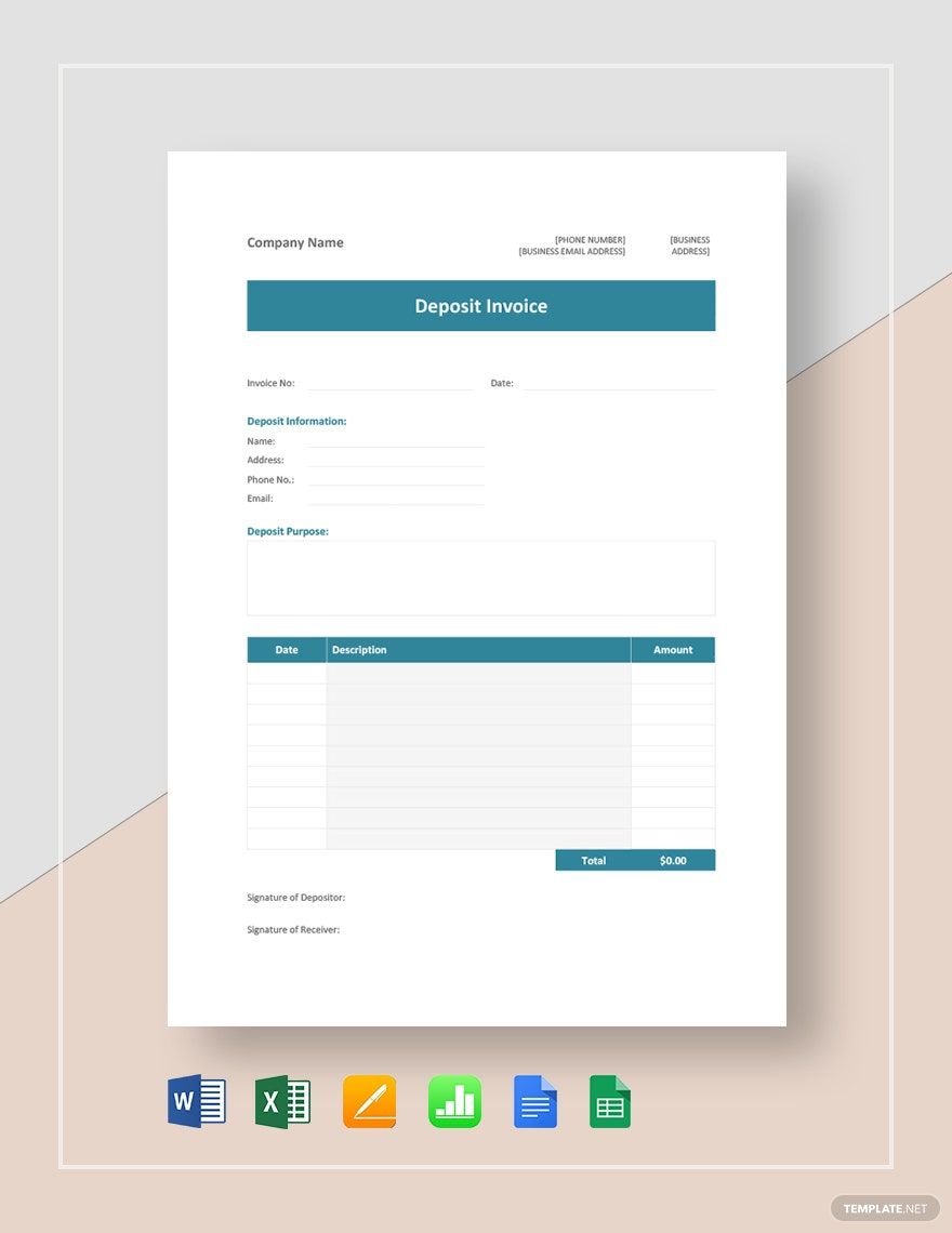 Deposit Invoice Template in Word, Google Docs, Excel, Google Sheets, Apple Pages, Apple Numbers
