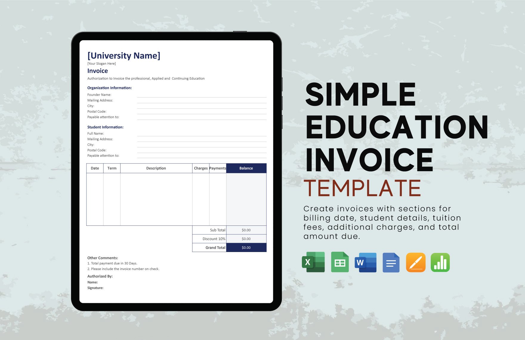 Simple Education Invoice Template in Word, Google Docs, Excel, Google Sheets, Apple Pages, Apple Numbers